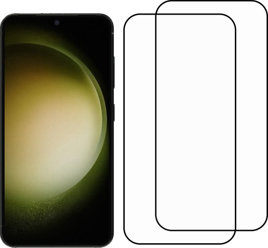 Twee transparante screenprotectors voor Samsung Galaxy S23, met afgeronde randen.