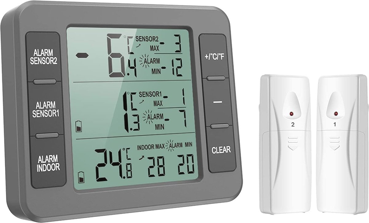 Digitale Koelkastthermometer met Binnentemperatuur Monitoring en 2 Draadloze Sensoren