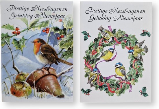 Twee kaarten met winterse vogels. Links een roodborstje bij appels en hulst, rechts koolmeesjes in een kerstkrans. Tekst: "Prettige Kerstdagen en Gelukkig Nieuwjaar".