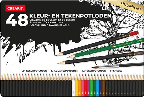 Creakit Kleur- en tekenpotloden met penseel in blik 48 stuks PREMIUM Creakit Kleur- en tekenpotloden met penseel in blik 48 stuks PREMIUM
