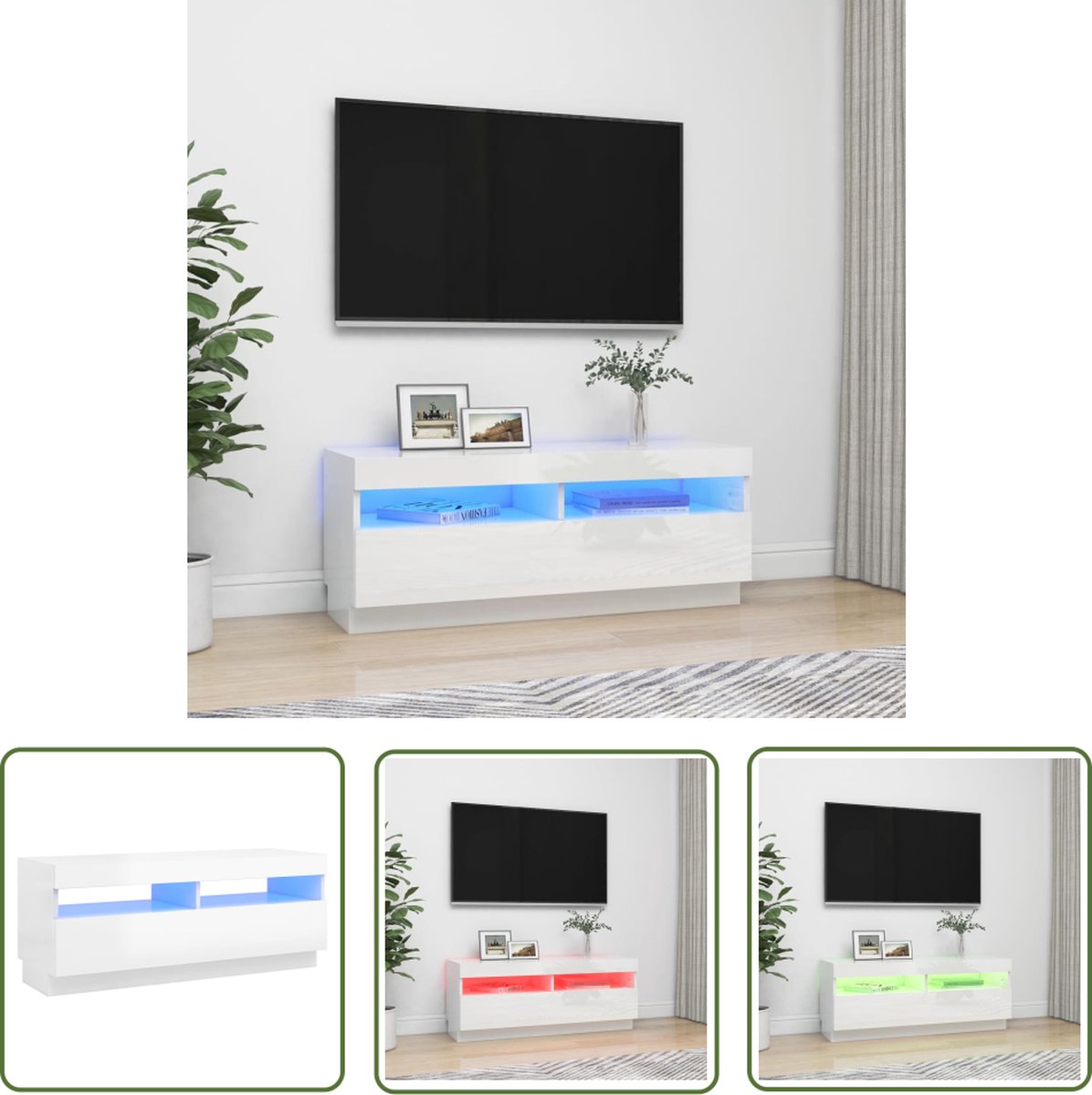 vidaXL Led-verlichting - Tv-meubel - Tv-meubel met LED-verlichting 100x35x40 cm hoogglans wit - Wit Meubilair - Houten Tv-standaard - Media Kast