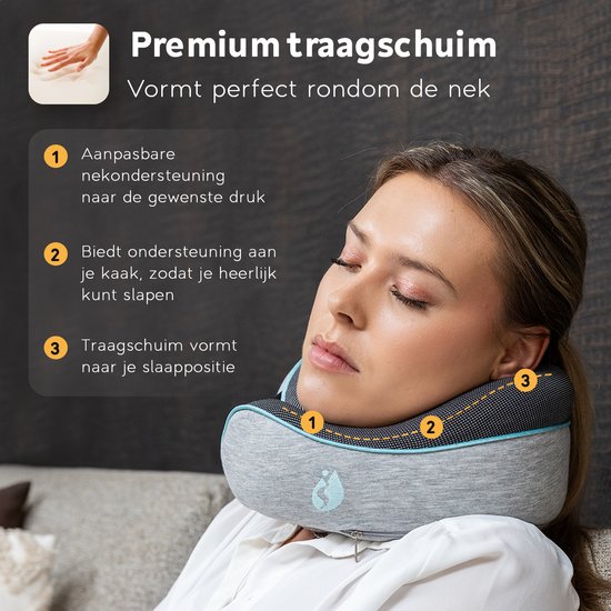 TRAVARA Oreiller cervical - Oreiller de voyage - Pour avion - Voiture - Mousse à mémoire de forme - Mousse à mémoire de forme - Avec Bouchons d'oreilles - Grijs