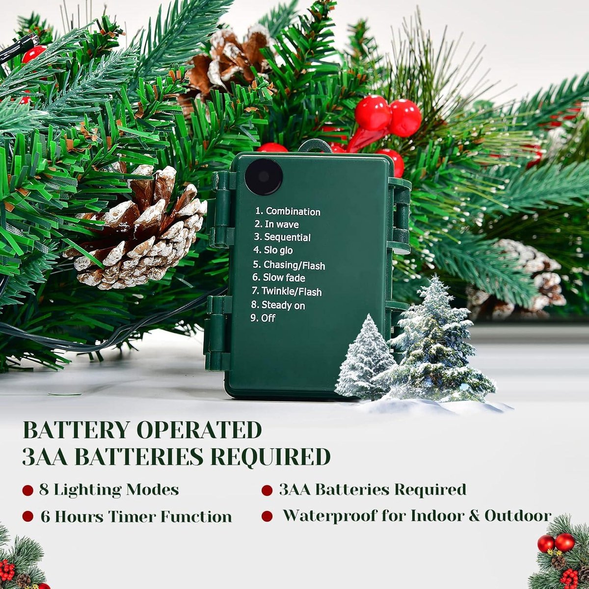 Kerstslinger met verlichting, 30 leds, 2,7 m, dennenslinger met verlichting, bloemen, ballen, kerstdecoratie, rotan slinger, Kerstmis, voor trap, binnen en buiten, Kerstmis