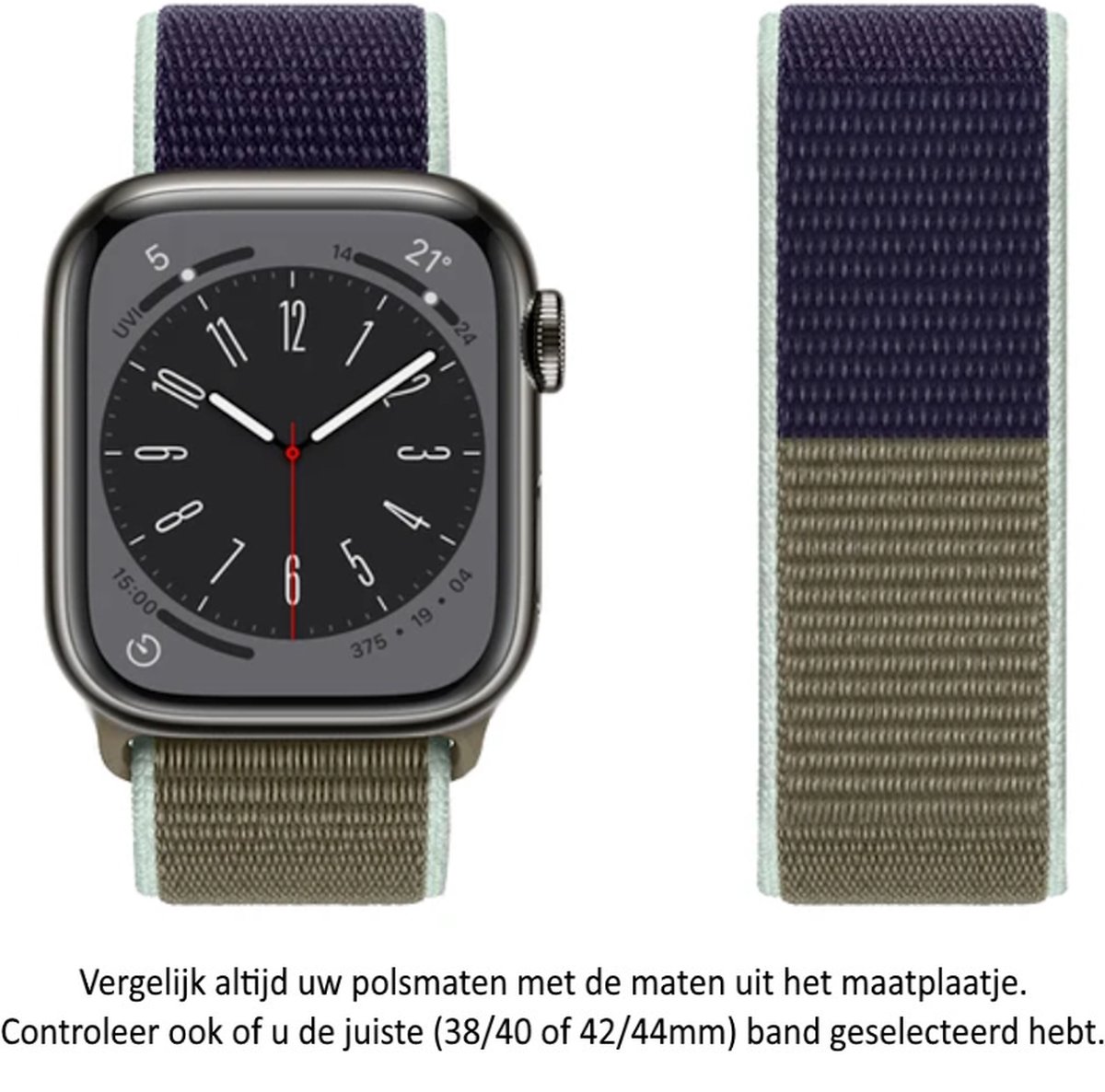 Kakhi Blauw - Groene Nylon Horlogeband geschikt voor Apple Watch 1, 2, 3, 4, 5, 6, 7, 8, 9, SE, 38mm, 40mm 41mm "Mannenbreedte" Series Zacht Geweven Nylon 38 mm, 40 mm en 41 mm