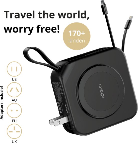 Zwarte Cheroy ChargePack Multi powerbank met draadloze oplader, ingebouwde kabels en wereldstekkers.