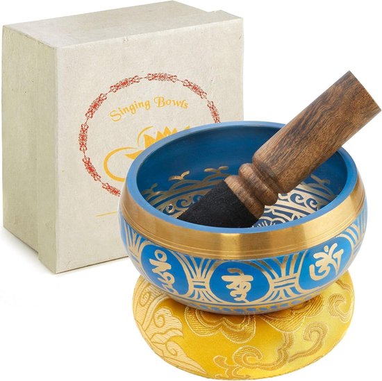 Klankschaalset met lepel en kussen - Horizon Blue - Tibetaanse zangkom in loktapapier geschenkbox van Inner Peace — afbeelding 4