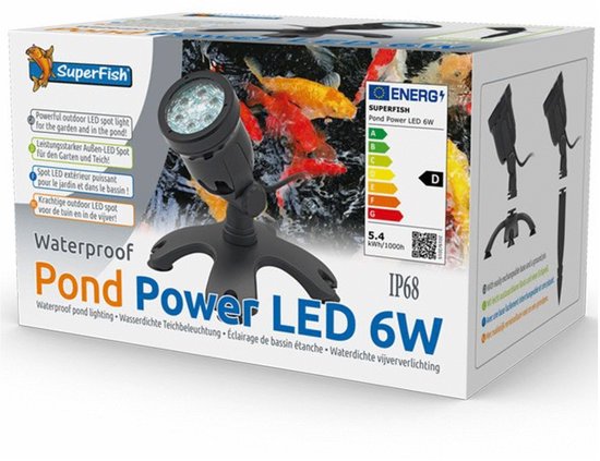 Verpakking van SuperFish Pond Power LED 6W spot met vissen en energie-etiket.