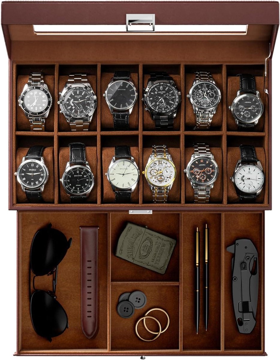 12-Slot Horloge Box Organizer voor Mannen - Vaderdag Gift - Lage Met Lade - Horloge Houder - 2-Laags Sieraden Opberggeval - Espresso