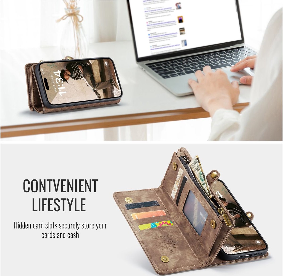 Caseme Telefoonhoesje geschikt voor Apple iPhone 16 Pro Hoesje | Caseme 008 Uitneembare 2in1 Bookcase Portemonnee | Pasjeshouder voor 8 Pasjes | Telefoonhoesje voor Pinpas / OV Kaart / Rijbewijs - Bruin