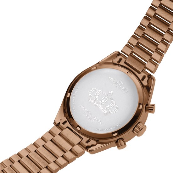 Achterkant van een rosegouden Rotorcraft horloge met kroonlogo en serienummer.
