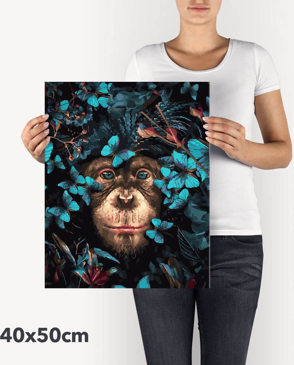 Schilderen Op Nummer Volwassenen DIY Paint By Number Compleet Hobby Pakket op Frame met Vernis - ®Arty Bee - Chimpansee 40x50cm — afbeelding 4