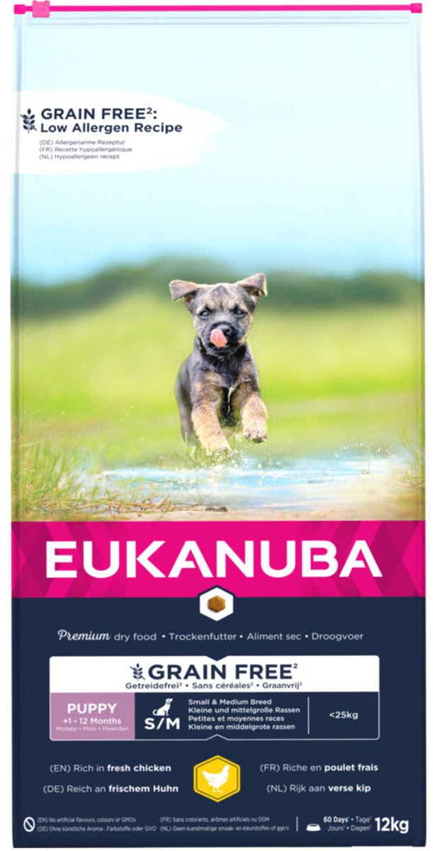 2x12kg Eukanuba Grain Free Puppy Small / Medium Breed Kip Hondenvoer droog