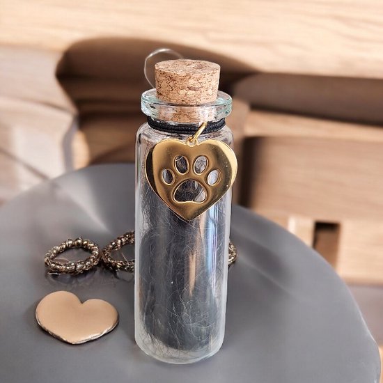 Glazen flesje met donkere haren en gouden hart-pootafdruk bedel, met ringen en hartje.