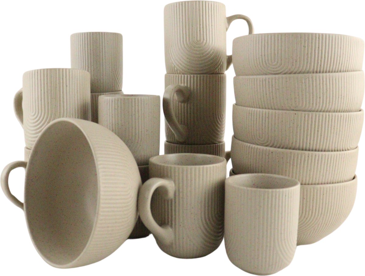 OTIX Koffiekopjes - Set van 12 - Cappuccino - Kopjes - 190ml - 300ml - met Set van 6 - Soepkommen - 600ml - TEAK