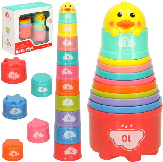 Colourful ten-piece stacking and nesting cups with a duck topper