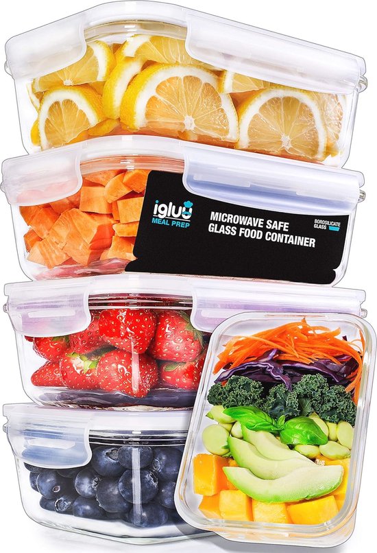 VERONES Set van 10 glazen maaltijdbereidingscontainers, luchtdichte glazen lunchcontainers, stapelbare glazen voedselopslagcontainers met deksels, BPA-vrij, voor magnetron, vriezer en