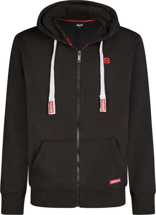 Zwarte Riverso hoodie met capuchon, rits, witte koorden en rode details.