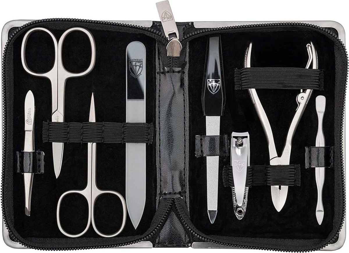 Goedkoopste Manicure Set 8-delig zwart kunstleer nagelschaar nageltang glazen nagelvijl huidschaar pincet - Germany Andria nagelnecessaire met veel inhoud