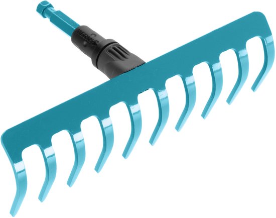 Turquoise GARDENA hark met 11 gebogen tanden en verstelbare steel.