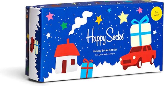 Blauwe Happy Socks geschenkdoos met een feestelijk kerstontwerp voor kinderen van 2-3 jaar.