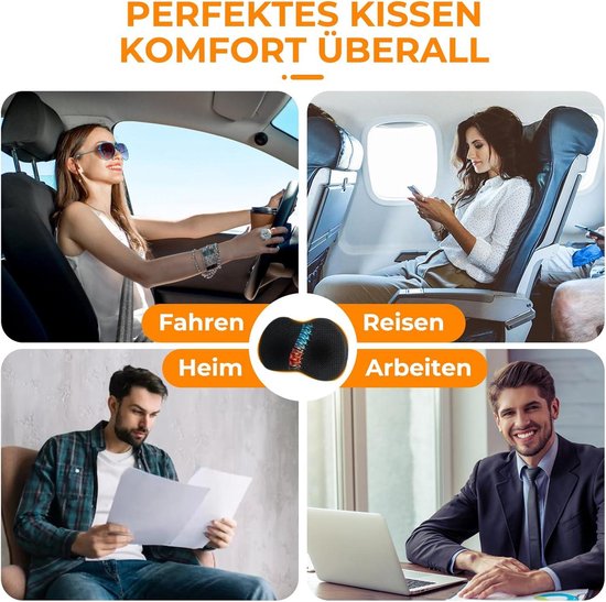 Vier afbeeldingen: vrouw in auto, vrouw in vliegtuig, man leest, man werkt. Zwart lendensteunkussen in het midden.