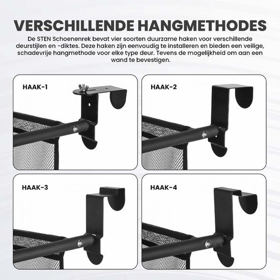 STEN Schoenenrek deur - Geschikt voor alle Deuren - Schoenen opbergsysteem - Tot 30 paar - 4 Hangmethodes