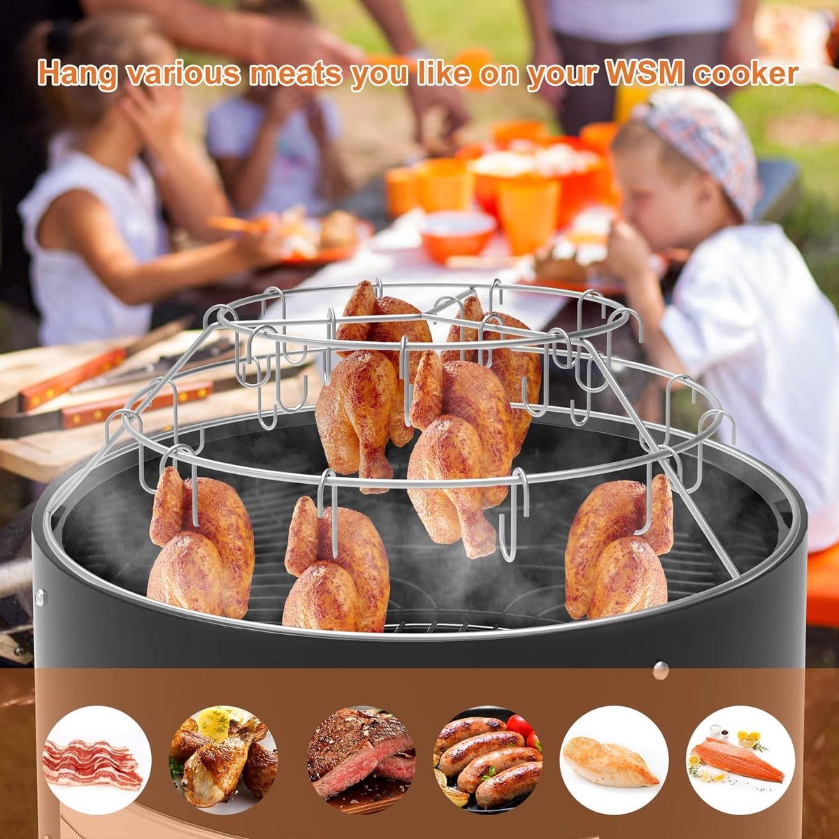 Onlyfire Drietraps Ring Spekhanger Braadpan met 24 Rookhaken, voor Het Roken van Spek, voor Kippenvleugels, voor Weber Rookoven Houtskoolbarbecue 57 cm & Weber Kettle Houtskoolbarbecue 57 cm