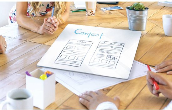 Een Nobo whiteboard met schetsen van website-lay-outs, getiteld 'Content', ligt op een houten tafel omringd door handen van mensen.