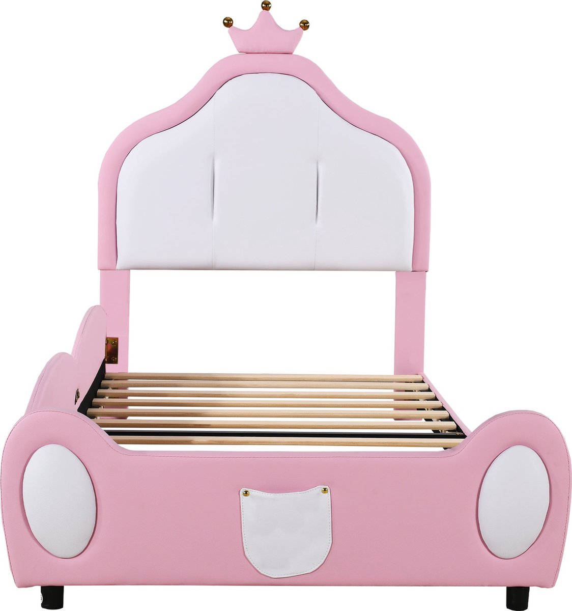 Merax Gestoffeerd Prinsessenbed 90x200 cm met Kroon op Hoofdbord - Kunstleer Gestoffeerd Bed voor Kinderen - Roze