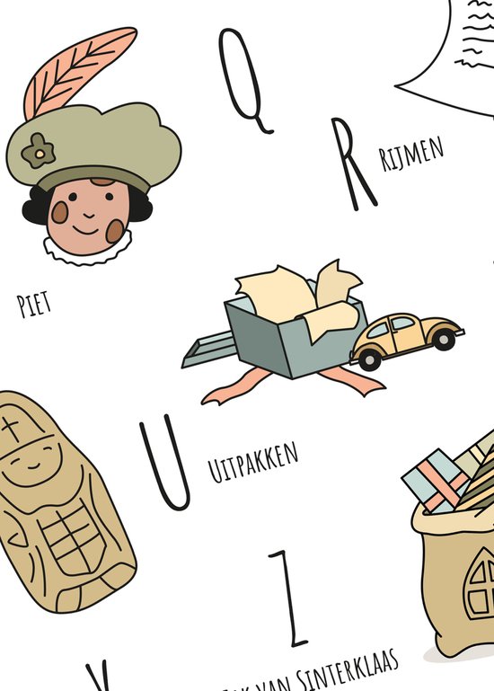Detail van de Sinterklaas ABC poster met Piet, een speelgoedauto en een zak met cadeaus.