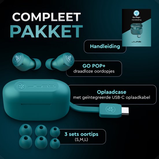 JLab Go Pop Draadloze Oordopjes - Bluetooth Oortjes Draadloos - 35 uur Batterijduur - Be Aware Audio - Met Microfoon - Geschikt voor Android en Apple - Groen