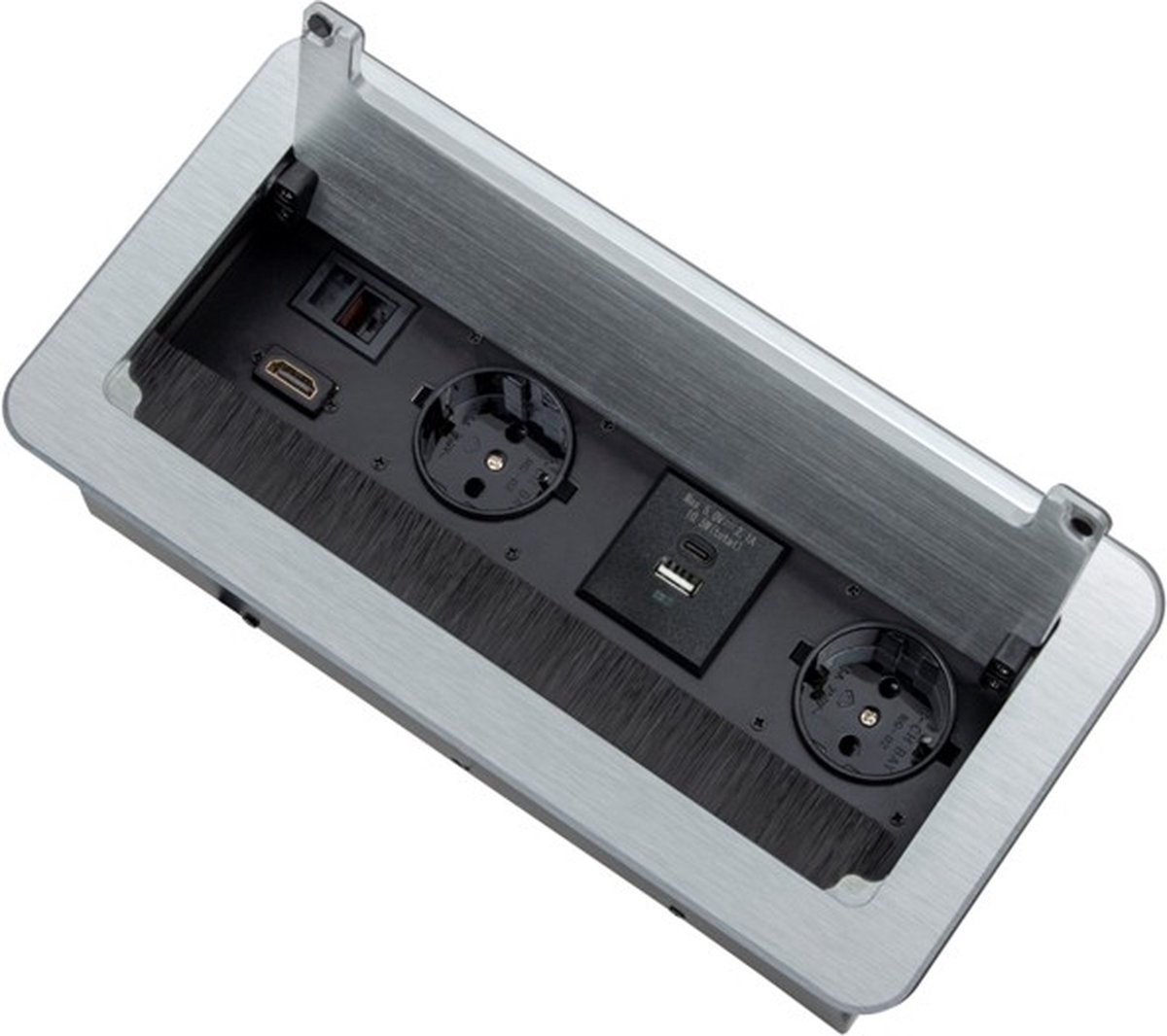 Design Light Inbox - Stekkerdoos - Verdeelstekker met 2 stopcontacten en USB-A & C - 1 HDMI - RJ45 - Verdeeldoos met klep - Inbouw verborgen Stekkerblok met 1.5 meter kabel - Zilver