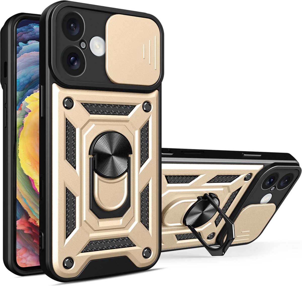 MobyDefend Hoesje - Geschikt voor iPhone 16 - Pantsercase Met Draaibare Ring - Goud