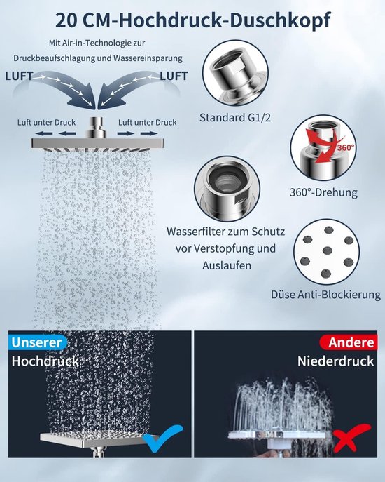 Regendouche douchekop 200 x 200 mm roestvrij staal vierkant inbouw spaar- en draaibare douche-ervaring van AquaVive — afbeelding 5