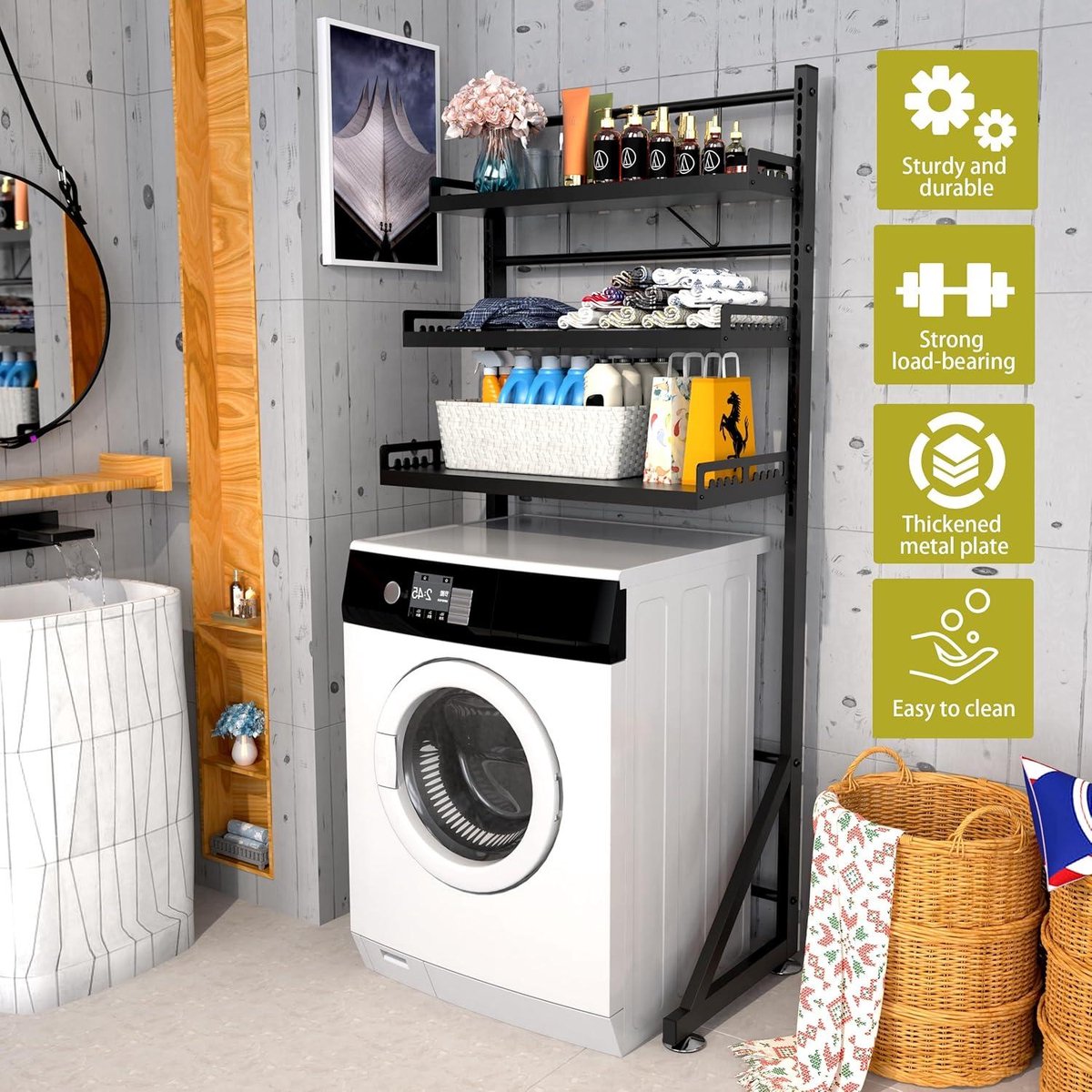 Tidyard Wasmachinekast, wasmachine-rek, badkamerkast, hoge kast, badkamerrek, bovenbouw, 3 planken, zwart, 69 x 28 x 169 cm