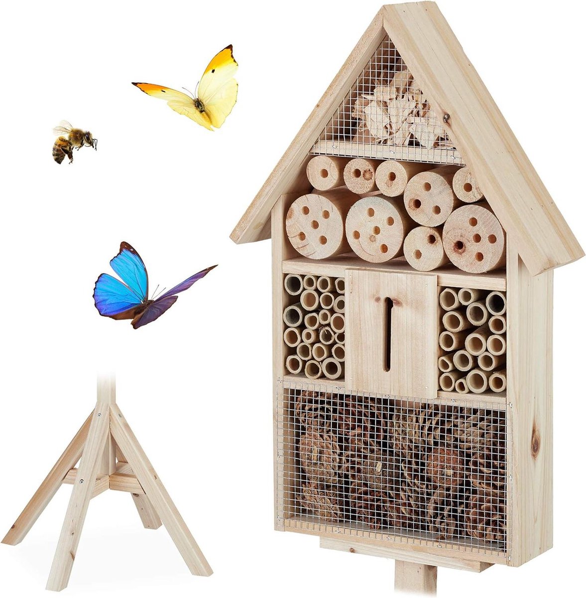 Insectenhotel op standaard Nesthulp voor tuin Bijenhotel voor wilde bijen van hout HBD 140x47x47cm Natuurlijke habitat
