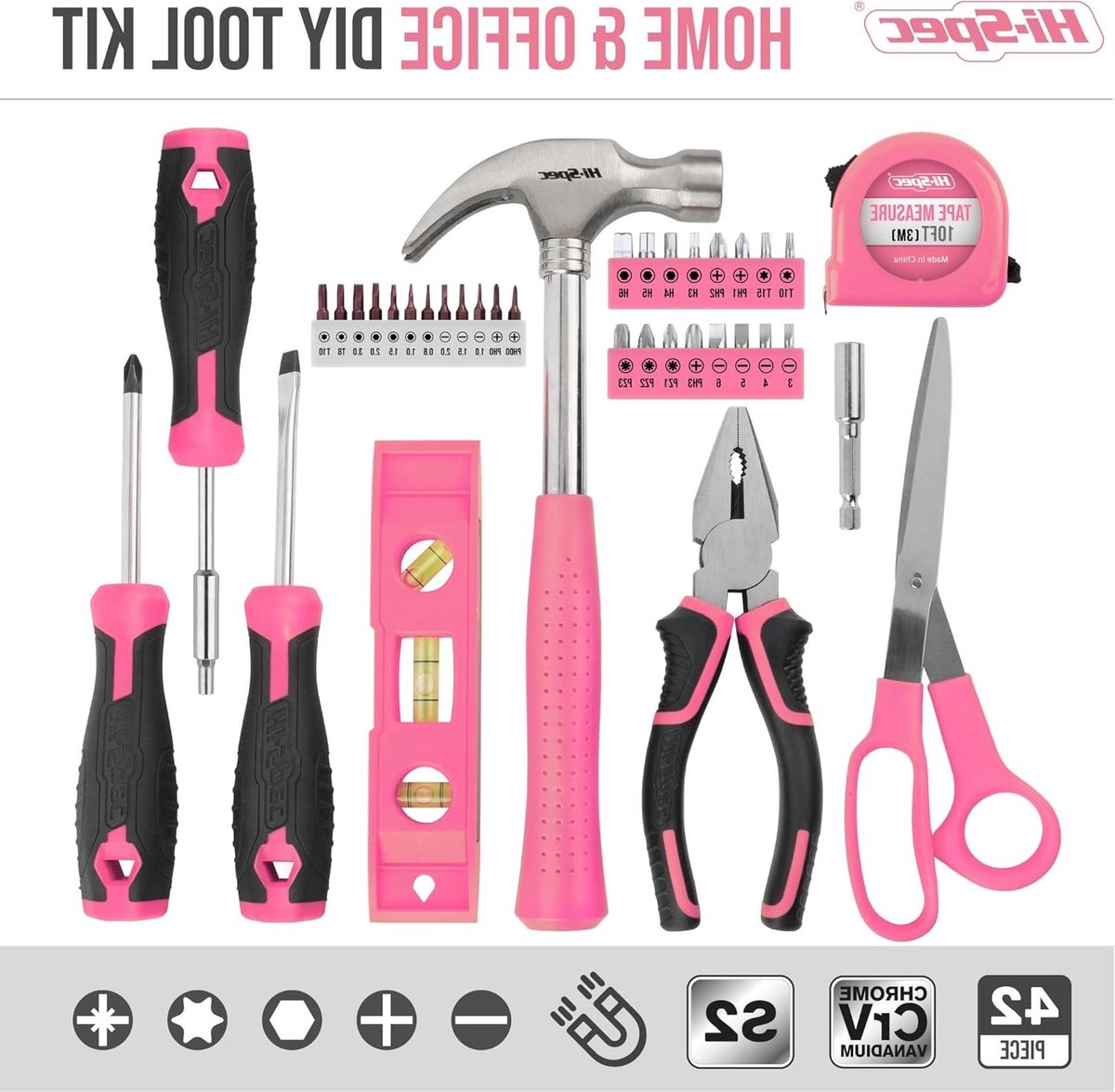 42-Delige Roze Gereedschapsset voor het Huishouden in Koffer met Karabijnhaak Sleutelhanger & Mini Flesopener Algemene Handgereedschap voor Doe-het-zelf Reparaties Html Content Beschikbaar Gereedschapskoffer