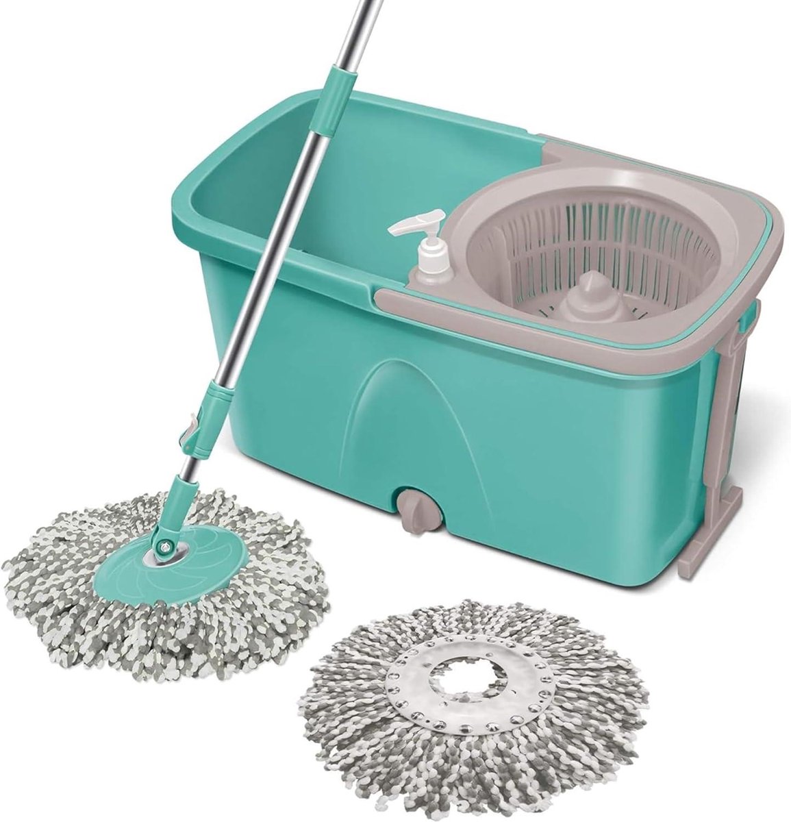 Goedkoopste Classic Spin Mop Emmer op wielen met uitschuifbaar handvat- vloeibare dispenser - wringerset - 360 draaiende dweil - vloerreinigings- en dweilsysteem - 2 microvezelvullingen - aquagroen