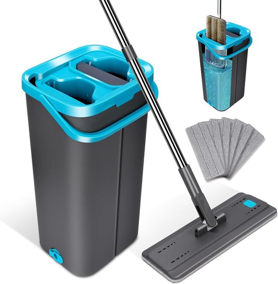 York Vloerwisserset, voor mobiele telefoon, plat, zwenkbaar met twee kamers, poetsemmer, mop met uitwringfunctie, nat en droog reinigen, geschikt voor alle vloeren, 3 extra cartridges
