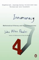 Boek "Innumeracy" met de titel en "Mathematical Illiteracy and Its Consequencess" in blauwe letters. Een grote rode 4 staat voor een vervaagde grijze 7.