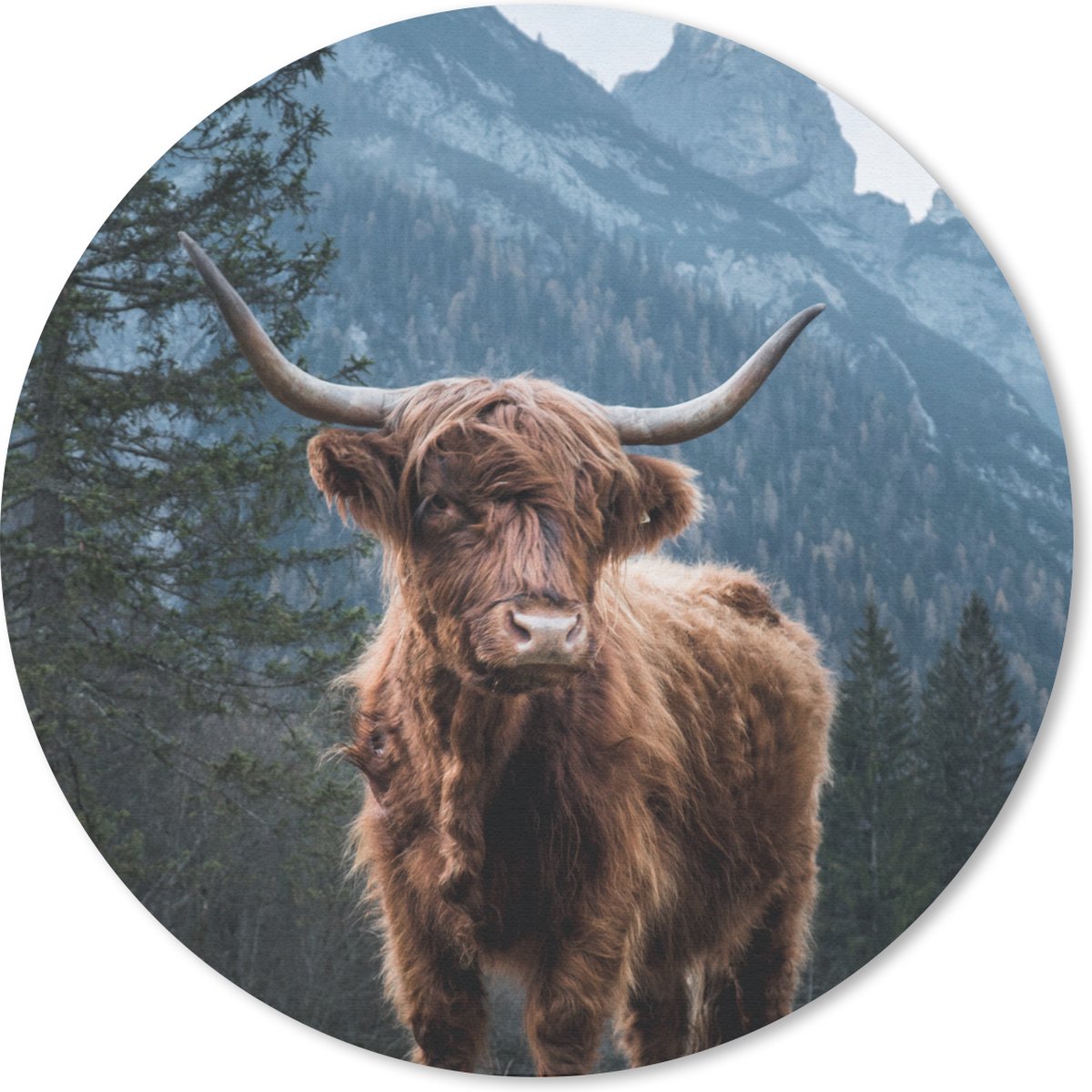 Muismat rond 20x20 cm - Mousepad Bergen - Winter - Schotse hooglander - Ronde muismatten