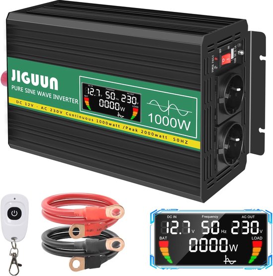 Zuivere Sinus Omvormer 1000W/2000W 12V naar 230V met Draadloze Afstandsbediening en LCD-scherm