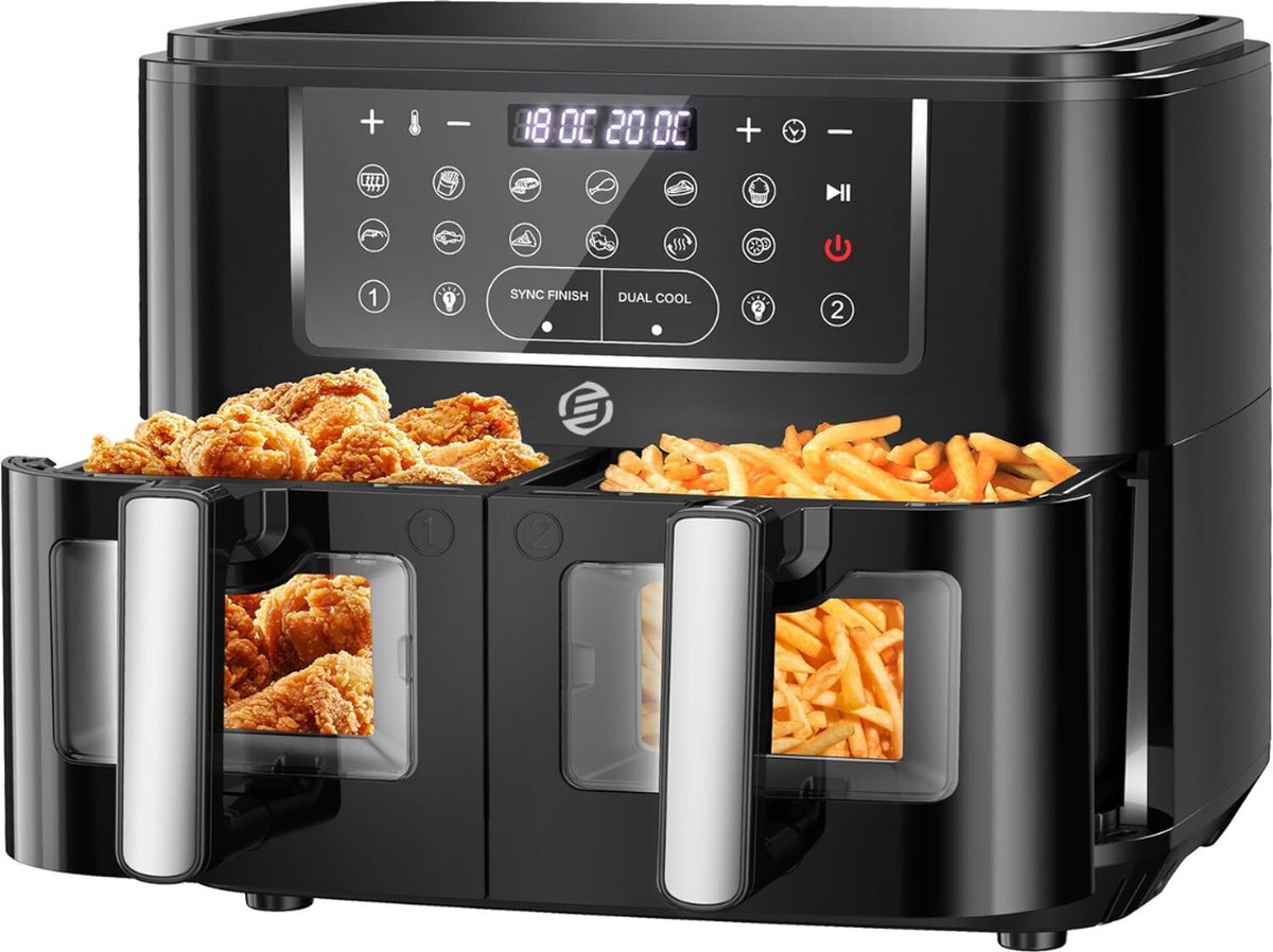 Equivera Dubbele Airfryer - Dubbele Mand - Dual Cook - Heteluchtfriteuse - Verschillende Programma's - Dual Zone - Mega