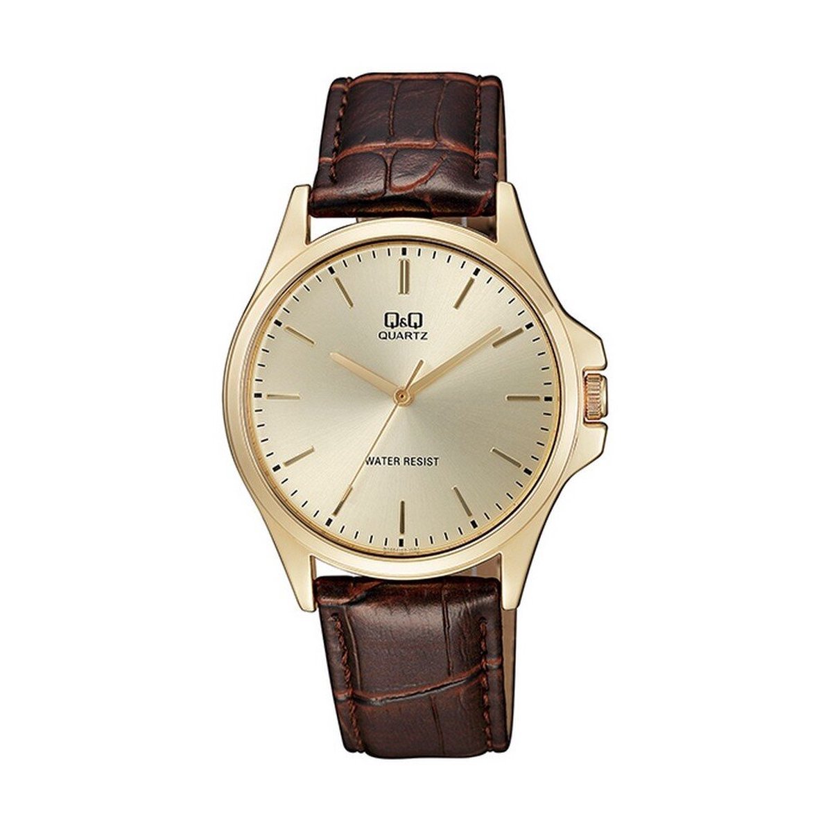 QQ QA06J100Y - Horloge - Heren - Mannen - Leren band - Rond - Staal - Bruin - Goudkleurig