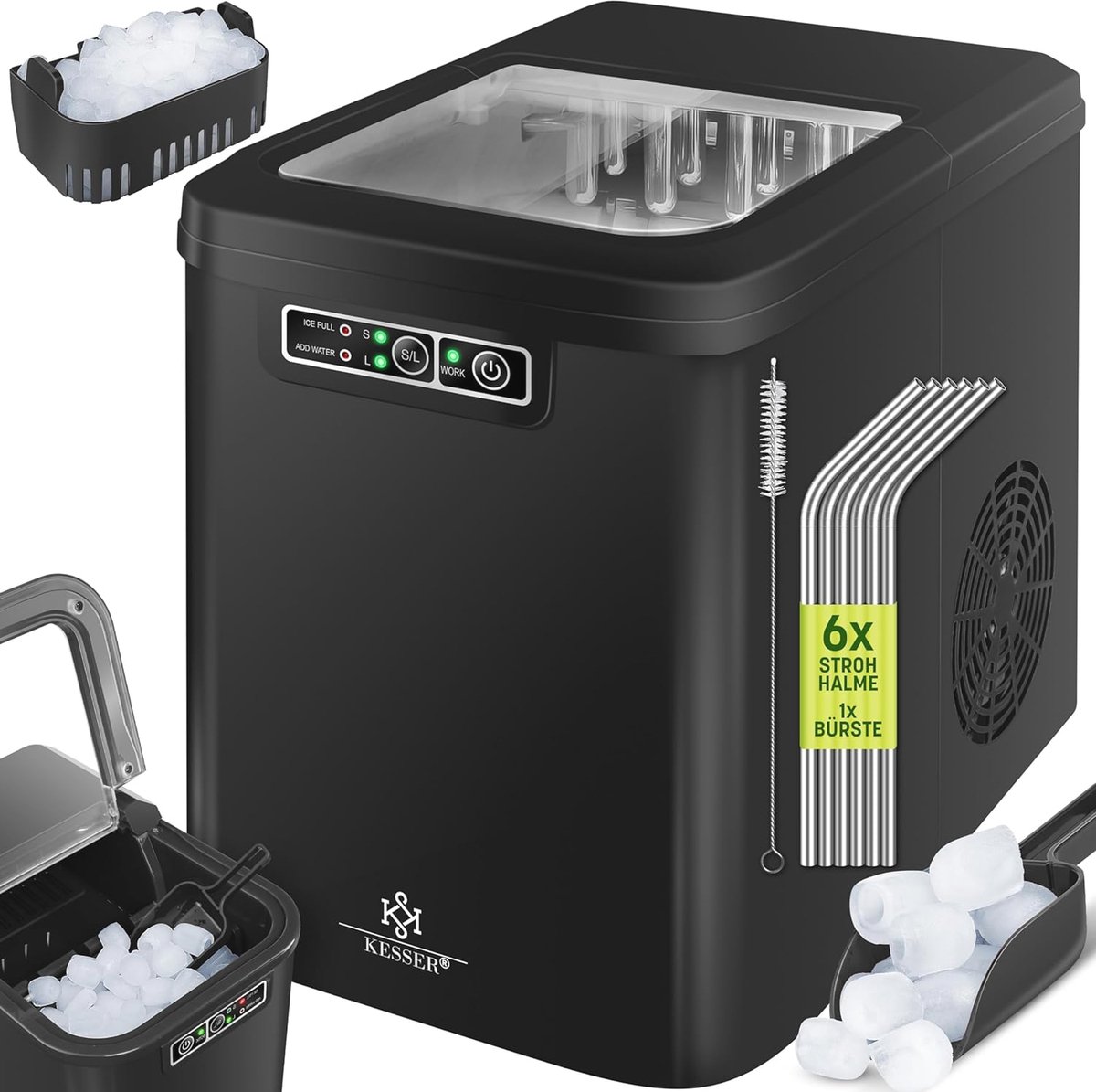 Ijsmachine voor efficiënt ijsblokjes maken | 12 kg ijs per 24 uur | 7 minuten bereidingstijd | Zelfreinigend | LED-display