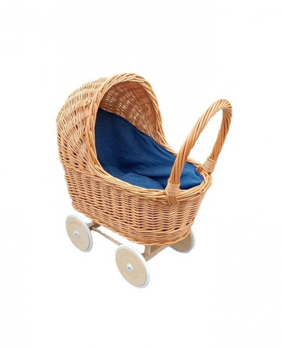 Hollie rieten poppenwagen met kap Jeans blauw