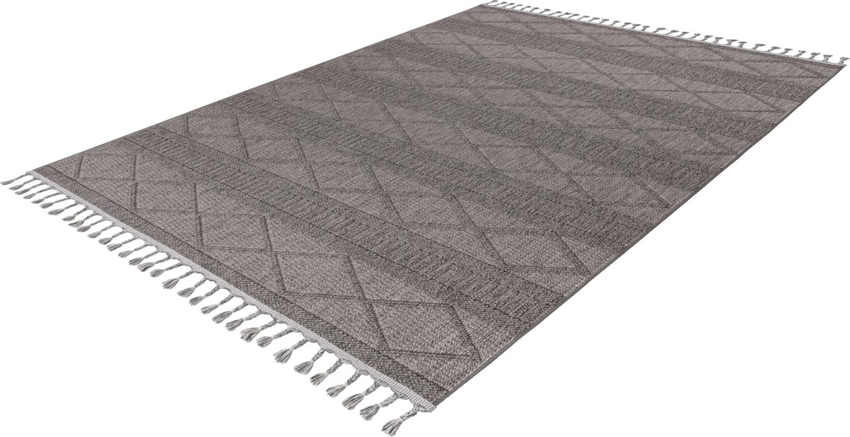 Lalee Tunis plat geweven vloerkleed Bohemian tapijt hoog en laagpolig 3d met grote franjes tijdloos 120x170cm grijs zilver
