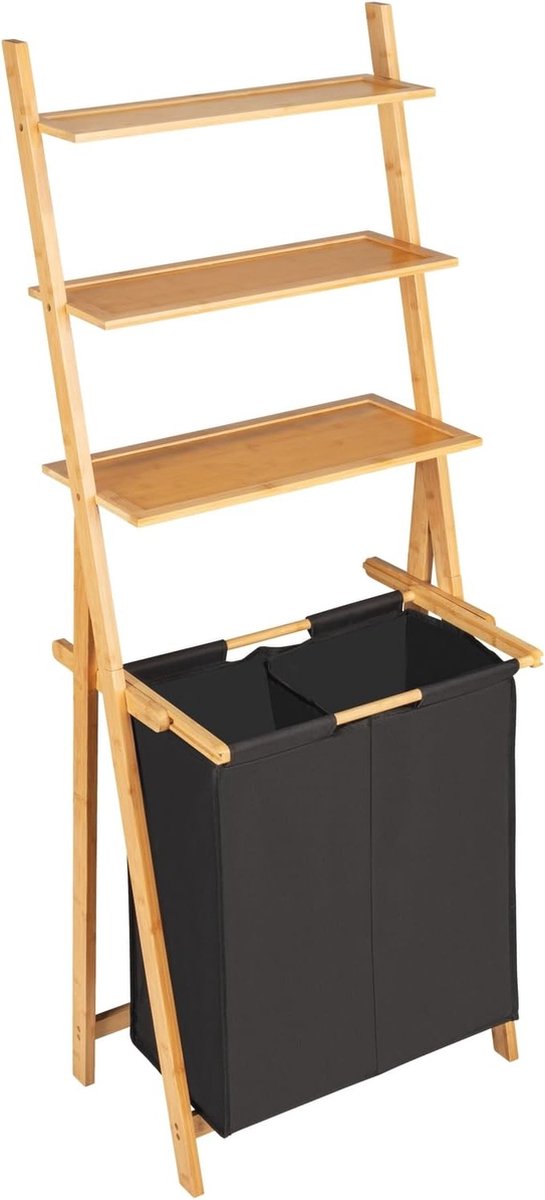 Goedkoopste Ladderrek met wasverzamelaar - Bamboe, wasmand met 2 vakken van gerecycled polyester - Ruimtebesparend en praktisch