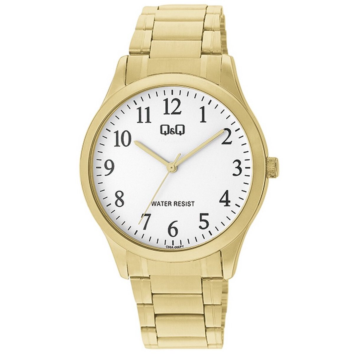 QQ C00A-006PY - Horloge - Analoog - Mannen - Heren - Stalen band - Rond - Metaal - Cijfers - Goudkleurig - Wit