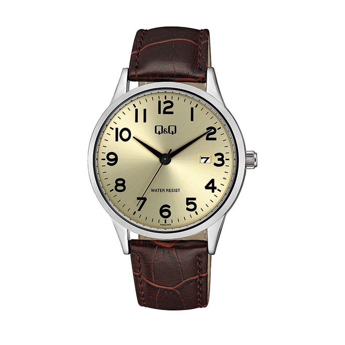 QQ A482J303Y - Polshorloges - Horloge - Analoog - Mannen - Heren - leren band - Rond - Staal - Cijfers - Datumaanduiding - Bruin - Zilverkleurig - Champagne kleur